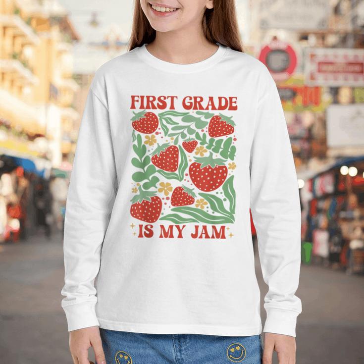 First Grade Is My Jam Boho Floral Strawberry Back To School Youth Long Sleeve Tee