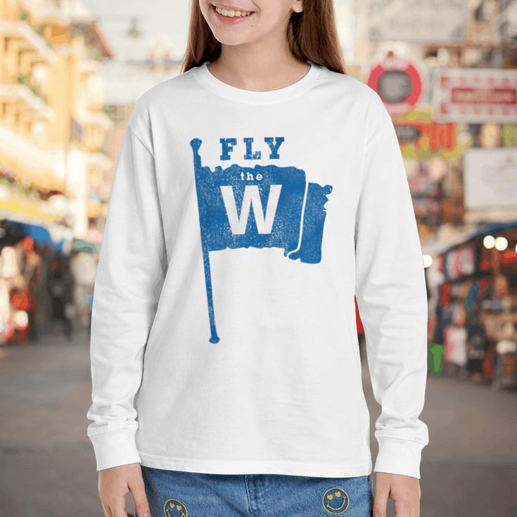 Fly The W Chicago Baseball Winning Flag Distressed Premium Tri-Blend Youth Long Sleeve Tee Fly The W Chicago Baseball Winning Flag Distressed Premium Tri-Blend Youth Long Sleeve Tee