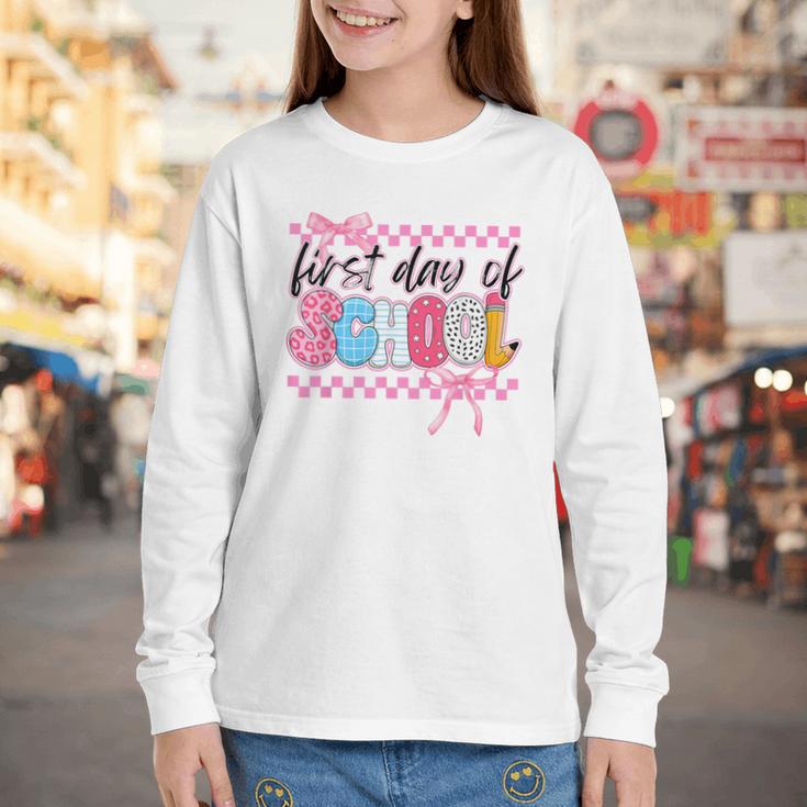 Girl First Day Of School Coquette Bow Pink Back To School Youth Long Sleeve Tee Girl First Day Of School Coquette Bow Pink Back To School Youth Long Sleeve Tee