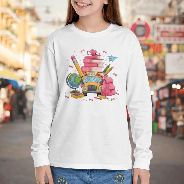 Girls Cute Pink Bows Coquette Aesthetic Back To School Youth Long Sleeve Tee