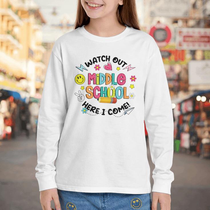Groovy Watch Out Middle School Here I Come Back To School Youth Long Sleeve Tee Groovy Watch Out Middle School Here I Come Back To School Youth Long Sleeve Tee