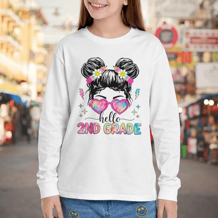 Hello 2nd Grade Messy Bun Back To School First Day Girl Kids Youth Long Sleeve Tee Hello 2nd Grade Messy Bun Back To School First Day Girl Kids Youth Long Sleeve Tee