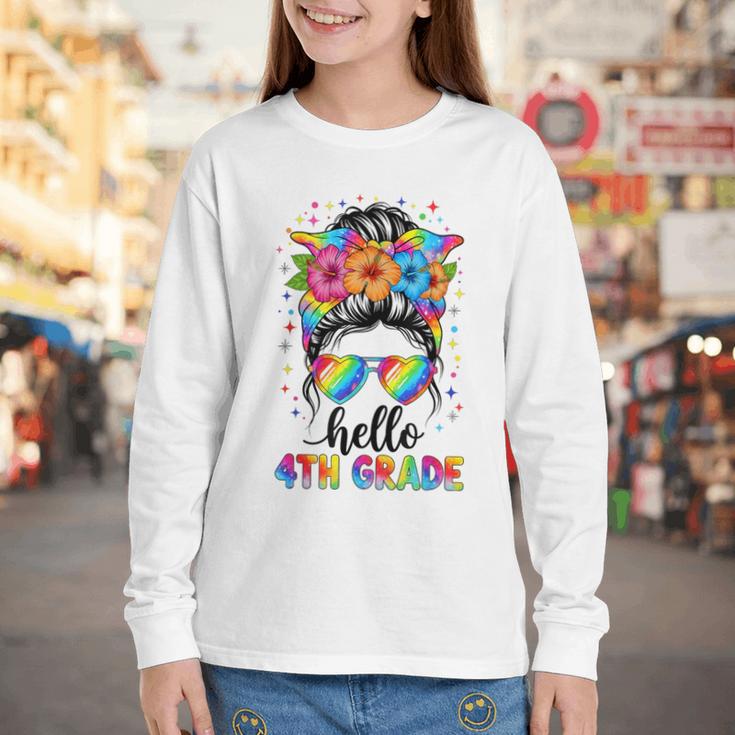 Hello 4th Grade Messy Bun Girls Back To School First Day Youth Long Sleeve Tee Hello 4th Grade Messy Bun Girls Back To School First Day Youth Long Sleeve Tee