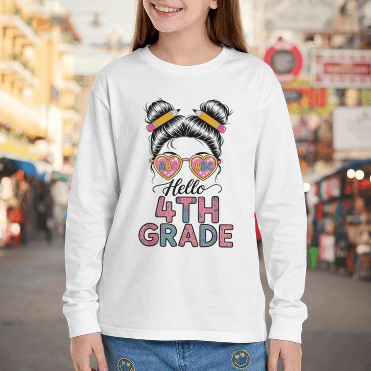 Hello 4th Grade Messy Bun Hair Back To School Girls Youth Long Sleeve Tee Hello 4th Grade Messy Bun Hair Back To School Girls Youth Long Sleeve Tee