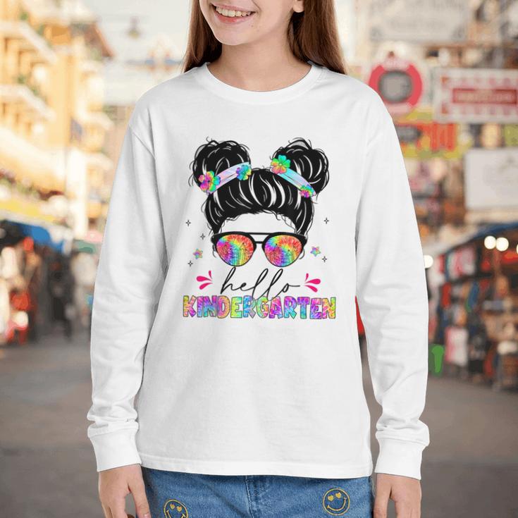 Hello Kindergarten Shirt Messy Bun Tie Dye Back To School Youth Long Sleeve Tee Hello Kindergarten Shirt Messy Bun Tie Dye Back To School Youth Long Sleeve Tee