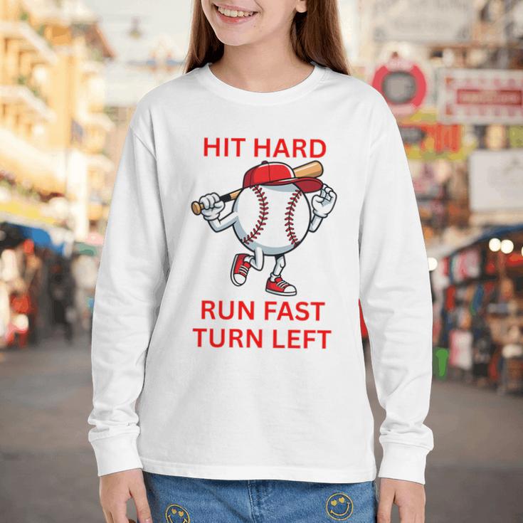 Hit Hard Run Fast Turn Left Baseball Player Premium Tri-Blend Youth Long Sleeve Tee