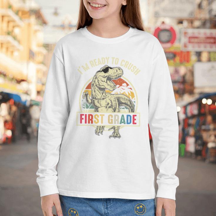 I'm Ready To Crush First Grade DinosaurRex Back To School Performance Youth Long Sleeve Tee I'm Ready To Crush First Grade DinosaurRex Back To School Performance Youth Long Sleeve Tee