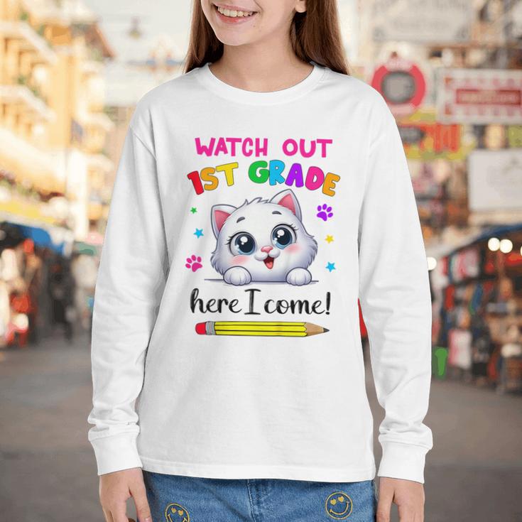 Kids Watch Out 1st Grade Here I Come Girls Cat Back To School Youth Long Sleeve Tee Kids Watch Out 1st Grade Here I Come Girls Cat Back To School Youth Long Sleeve Tee