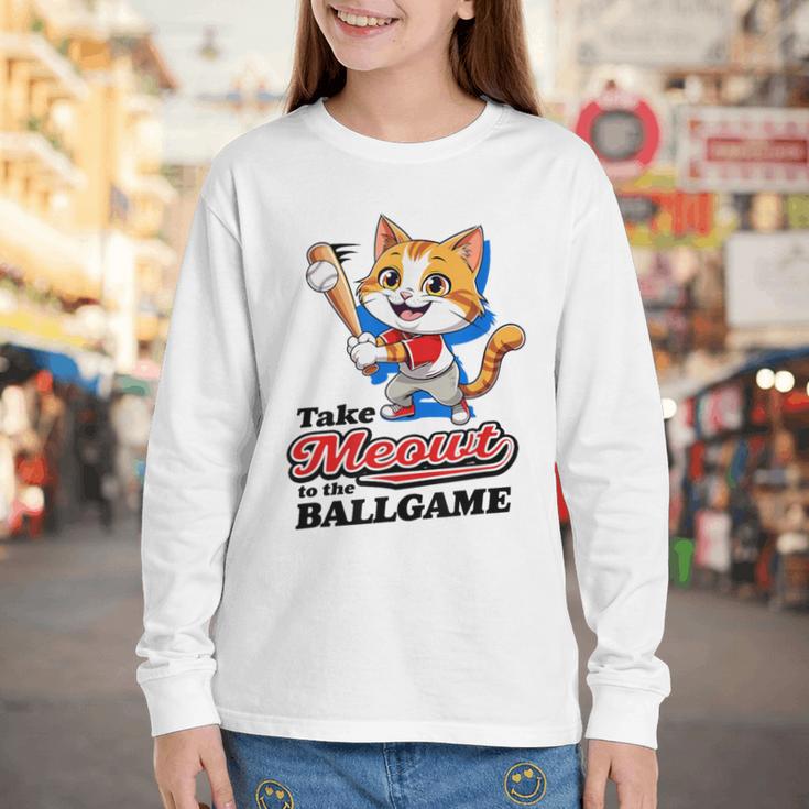 Take Meowt To The Ball Game Tee Slugger Cat Baseball Youth Long Sleeve Tee