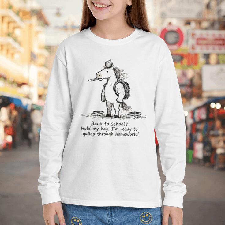 Naive Horse Doodle Back To School Gallop Homework Art Youth Long Sleeve Tee