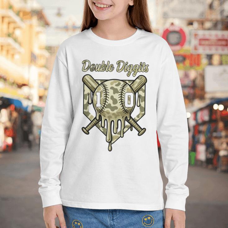 Old School Camo Baseball Drip Double Digits 10th Birthday Youth Long Sleeve Tee