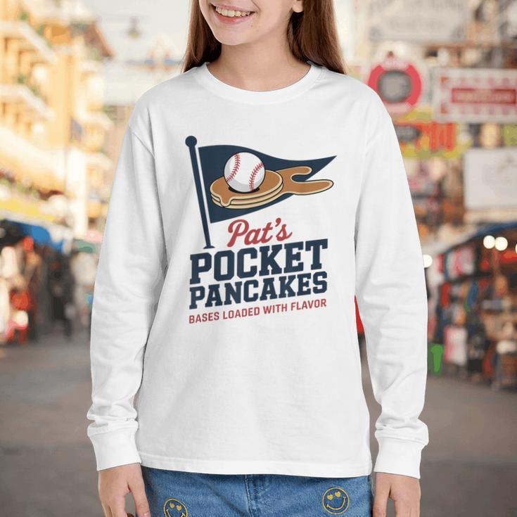 Pat's Pocket Pancakes Flag Baseball On Pancake Youth Long Sleeve Tee