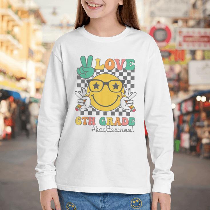 Peace Love 6th Grade Cute Smile Face Back To School Girls Youth Long Sleeve Tee