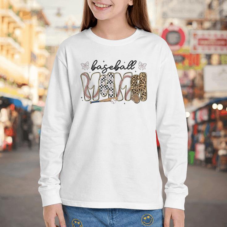 Preppy Baseball Mama Coquette Bow Game Day Mom Mother Youth Long Sleeve Tee