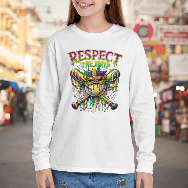 Respect The Drip Mardi Gras Baseball Ice Cream Boys Carnival Youth Long Sleeve Tee
