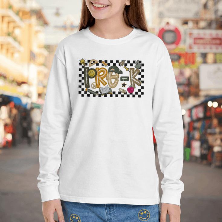 Retro Checkered Back To School Pre K Dude Cute Kid Preschool Youth Long Sleeve Tee