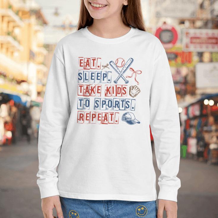 Retro Eat Sleep Take Kids To Sports Repeat Game Day Baseball Youth Long Sleeve Tee