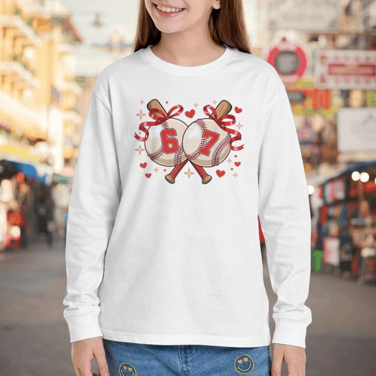 Six Seven 67 Meme Baseball Coquette Bow Valentine Youth Long Sleeve Tee Six Seven 67 Meme Baseball Coquette Bow Valentine Youth Long Sleeve Tee