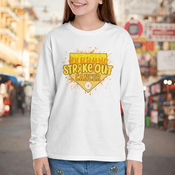 Strike Out Childhood Cancer Boys Baseball Drip Gold Ribbon Youth Long Sleeve Tee Strike Out Childhood Cancer Boys Baseball Drip Gold Ribbon Youth Long Sleeve Tee
