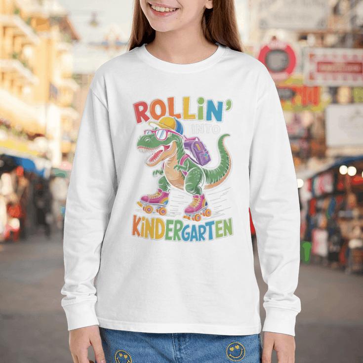 T Rex Rollin Into Kindergarten Back To School First Day Boys Youth Long Sleeve Tee T Rex Rollin Into Kindergarten Back To School First Day Boys Youth Long Sleeve Tee