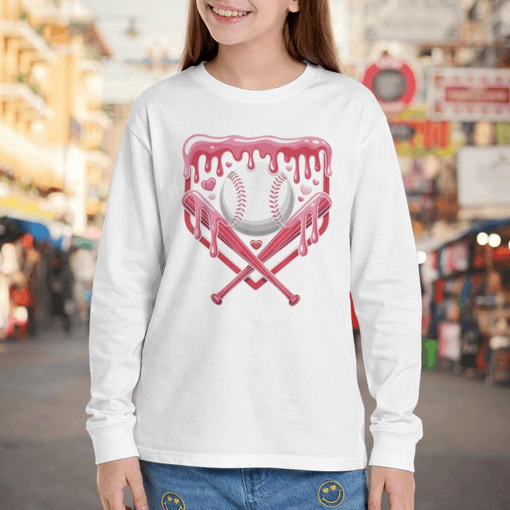 Valentines Baseball Boys Ice Cream Drip Heart Youth Kids Youth Long Sleeve Tee