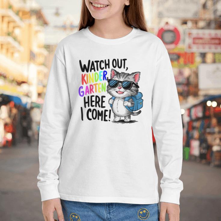 Watch Out Kindergarten Here I Come Cute Cat Back To School Youth Long Sleeve Tee Watch Out Kindergarten Here I Come Cute Cat Back To School Youth Long Sleeve Tee