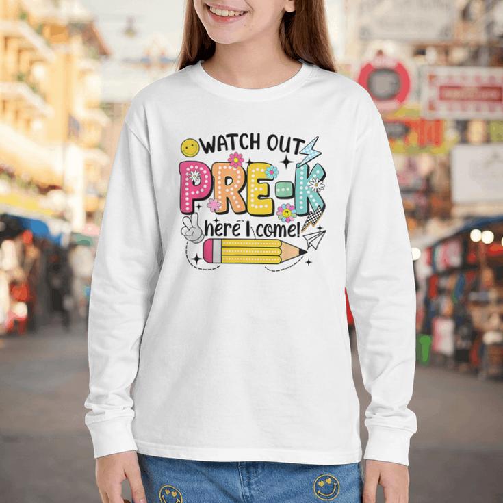 Watch Out Pre-K Here I Come Back To School Pre-K Youth Long Sleeve Tee Watch Out Pre-K Here I Come Back To School Pre-K Youth Long Sleeve Tee