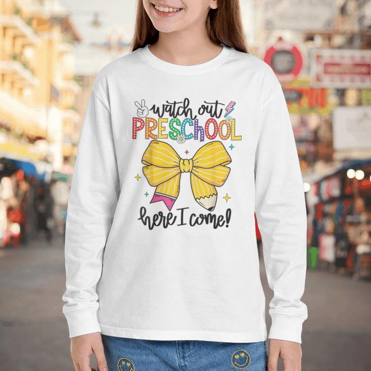 Watch Out Pre-K Here I Come Preschool Back To School Youth Long Sleeve Tee Watch Out Pre-K Here I Come Preschool Back To School Youth Long Sleeve Tee