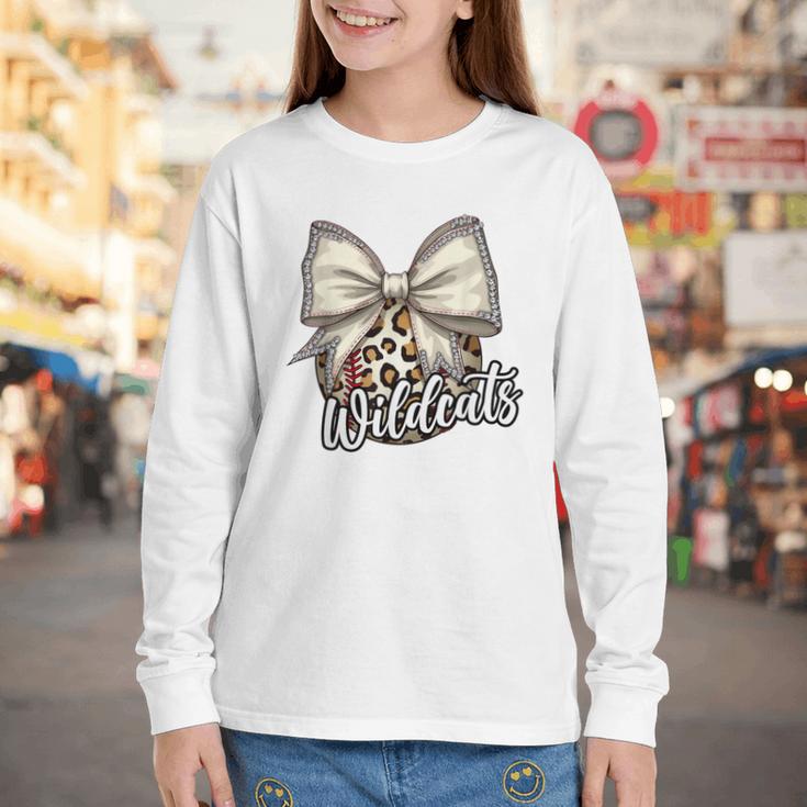 Wildcats Baseball Leopard Print Coquette Bow Mascot Game Day Youth Long Sleeve Tee