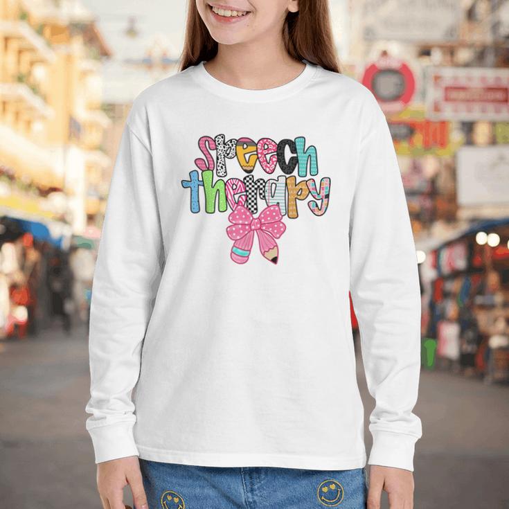 Women Speech Therapy Coquette Bow Pencil Back To School SLP Youth Long Sleeve Tee Women Speech Therapy Coquette Bow Pencil Back To School SLP Youth Long Sleeve Tee