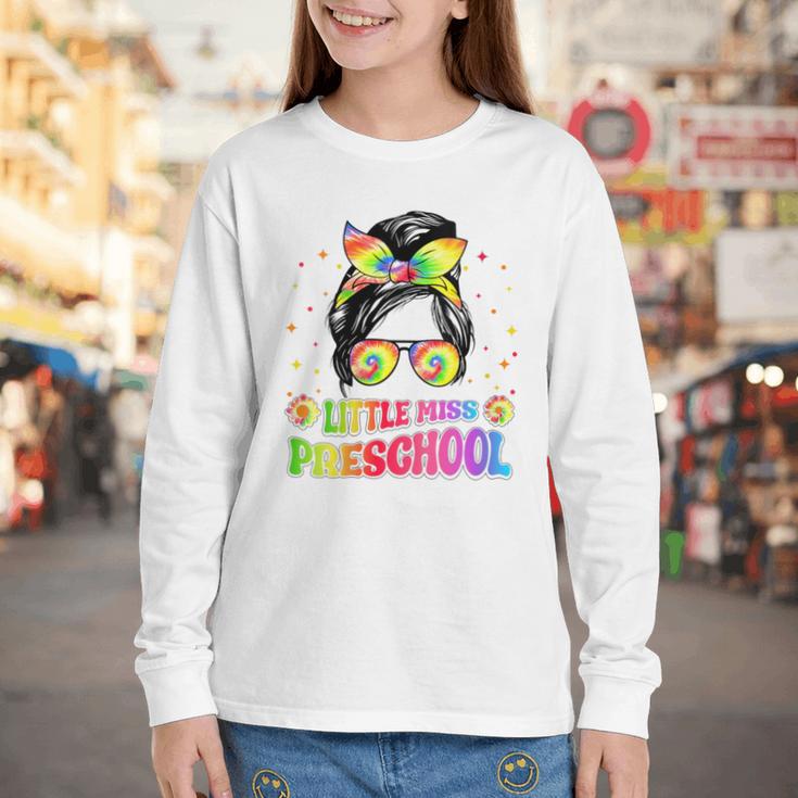 Women's Little Miss Preschool Messy Bun Tie Dye Back To School Girls Youth Long Sleeve Tee