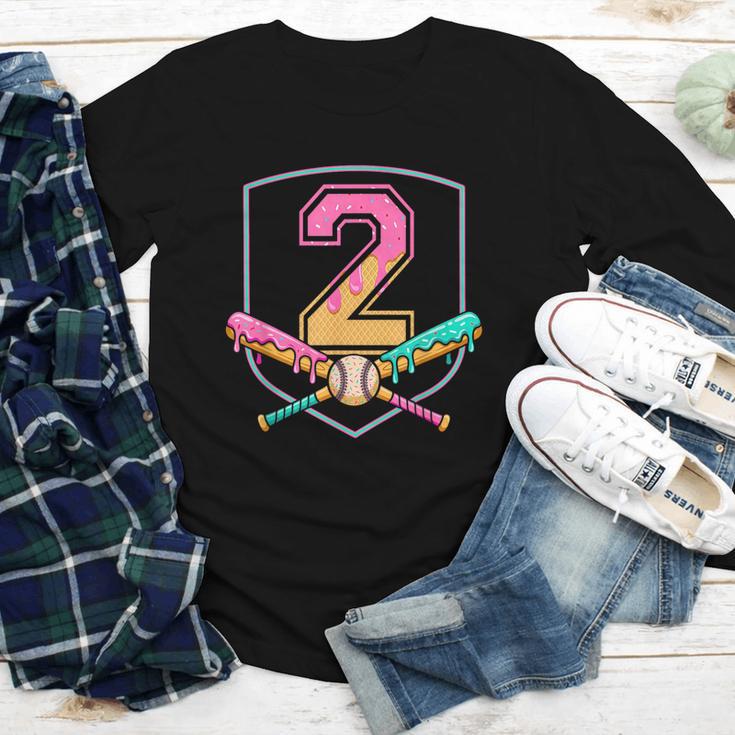 2nd Birthday Baseball Bat Ice-Cream Drip 2yrs Old Boys Kids Youth Long Sleeve Tee