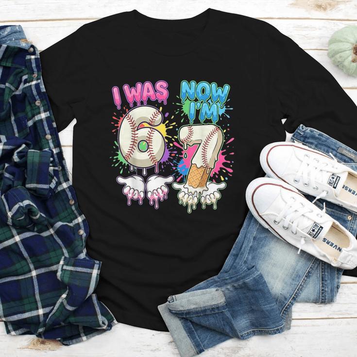 I Was 6 Now I'm 7 Baseball Drip 67 Birthday Boy 7th Birthday Youth Long Sleeve Tee