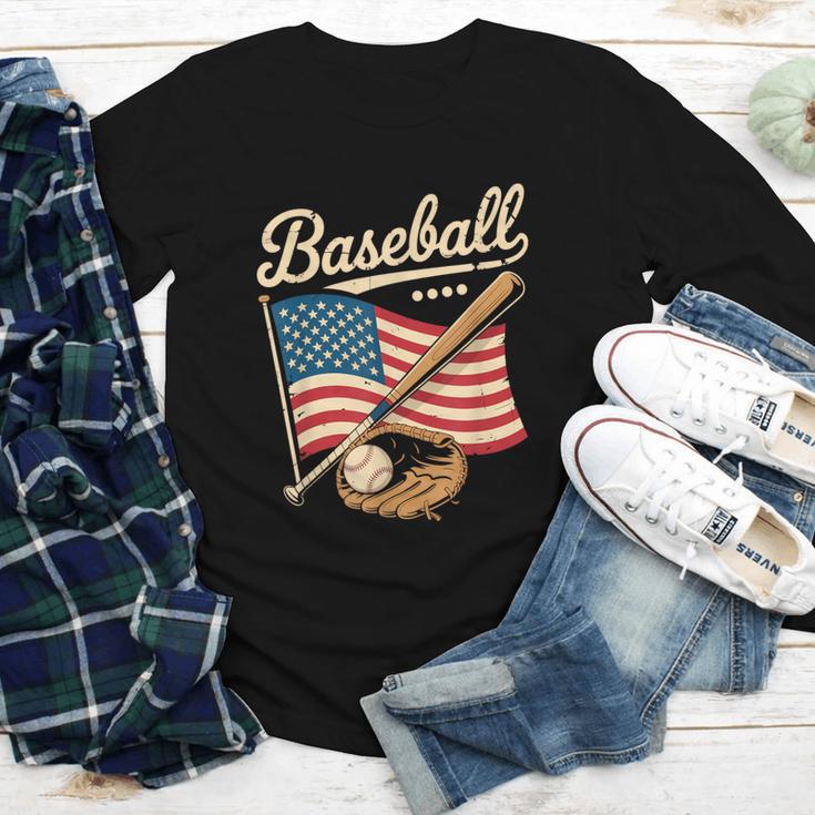 American Flag Baseball Player Bat Fan Catcher Pitcher USA Youth Long Sleeve Tee