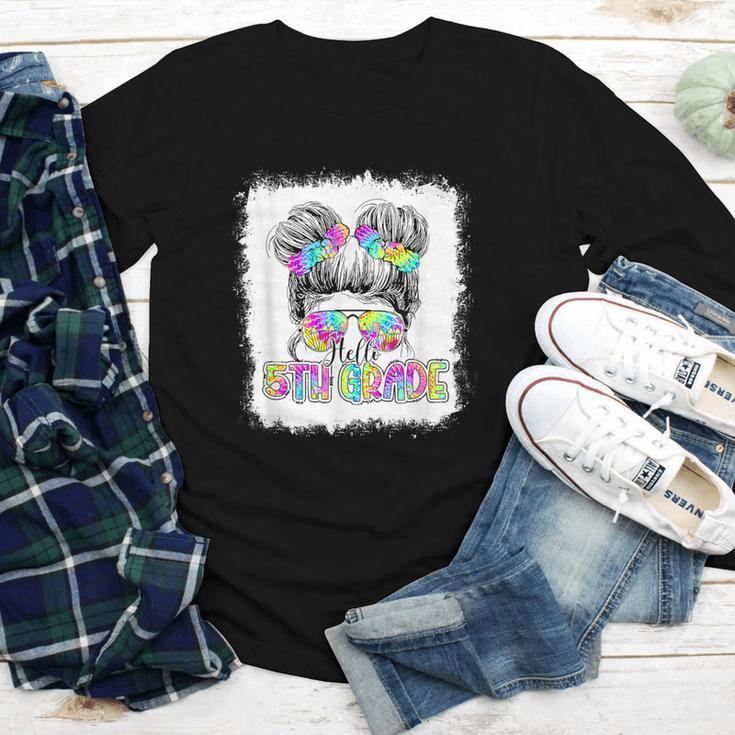 Back To School Hello 5th Grade Cute Messy Bun Tie Dye Girls Youth Long Sleeve Tee