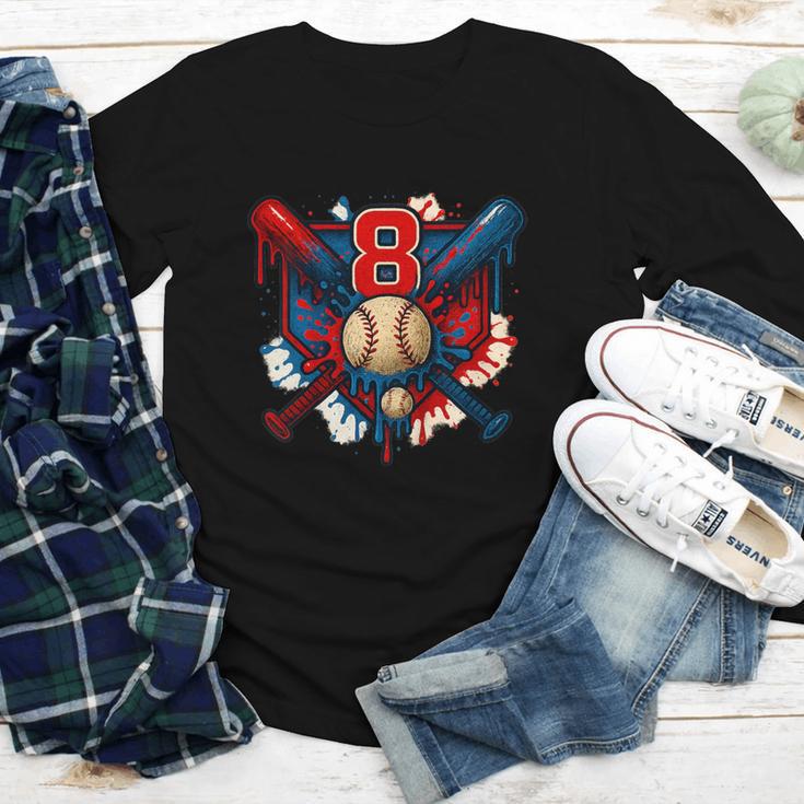 Baseball 8 Year Old Splash Drip 8th Birthday Boy Number 8 Youth Long Sleeve Tee
