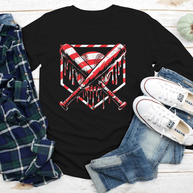 Baseball Candy Cane Christmas Baseball Ice Cream Drip Boys Youth Long Sleeve Tee