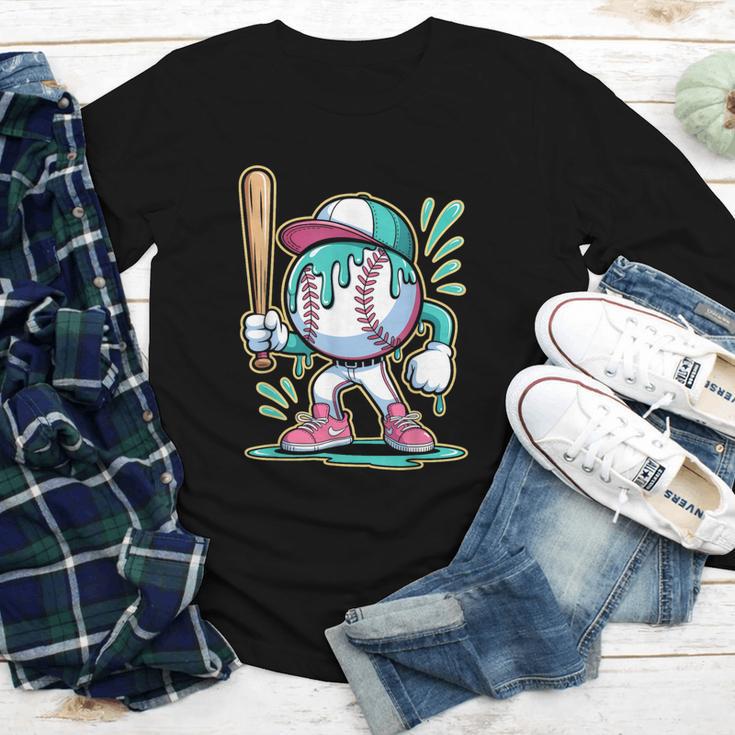 Baseball Character Cartoon Batter Drip Style Women Men Youth Long Sleeve Tee
