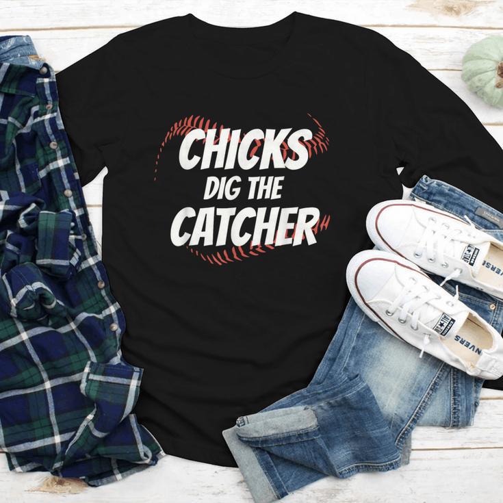 Baseball Seams Chicks Dig The Catcher Youth Long Sleeve Tee