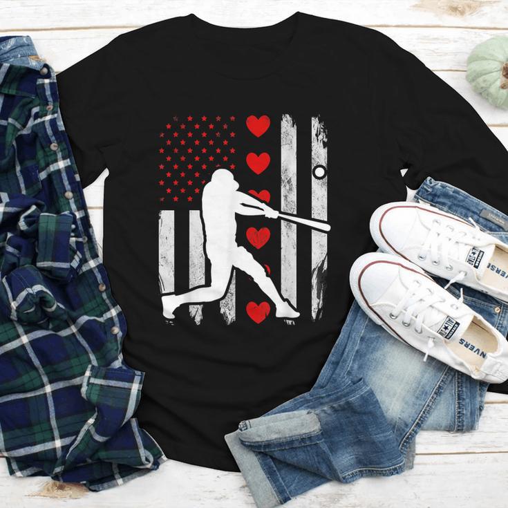 Baseball Silhouette Heart USA Flag Hearts American Boys Kids Youth Long Sleeve Tee