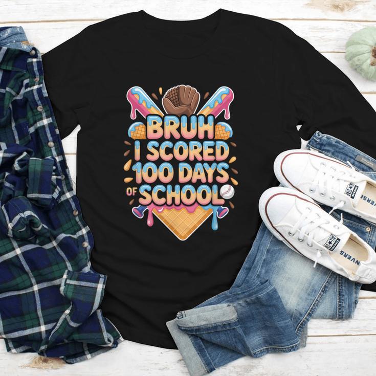 Bruh I Scored 100 Days Of School Baseball Ice Cream Drip Tee Youth Long Sleeve Tee