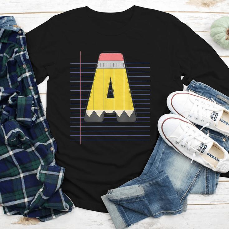 Cute Yellow School Pencil Alphabet Letter A Back To School Youth Long Sleeve Tee