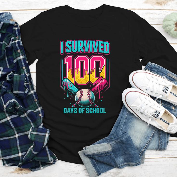 HUGvyn I Survived 100 Days Baseball Teacher Ice Cream Drip Youth Long Sleeve Tee