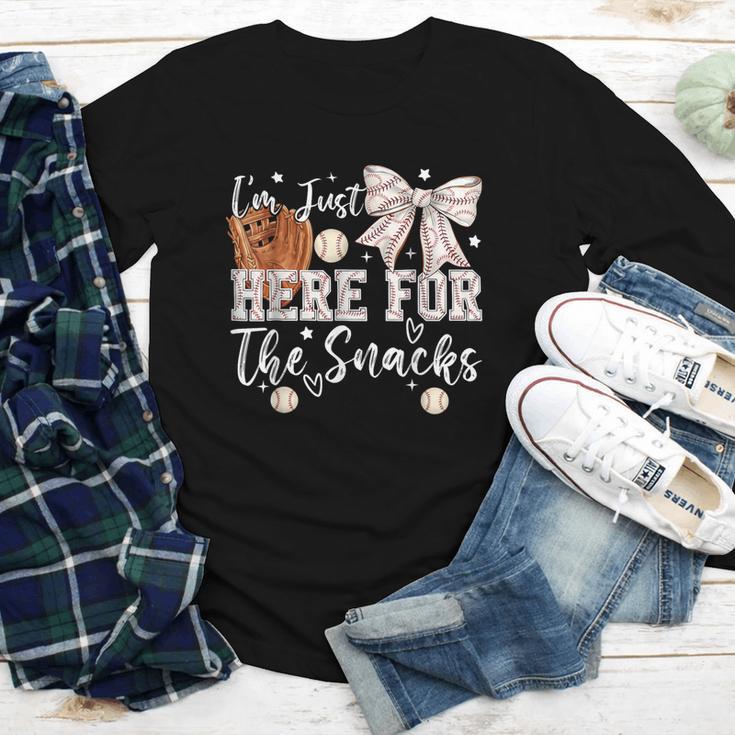 I'm Just Here For The Snacks Baseball Coquette Game Day Girl Youth Long Sleeve Tee