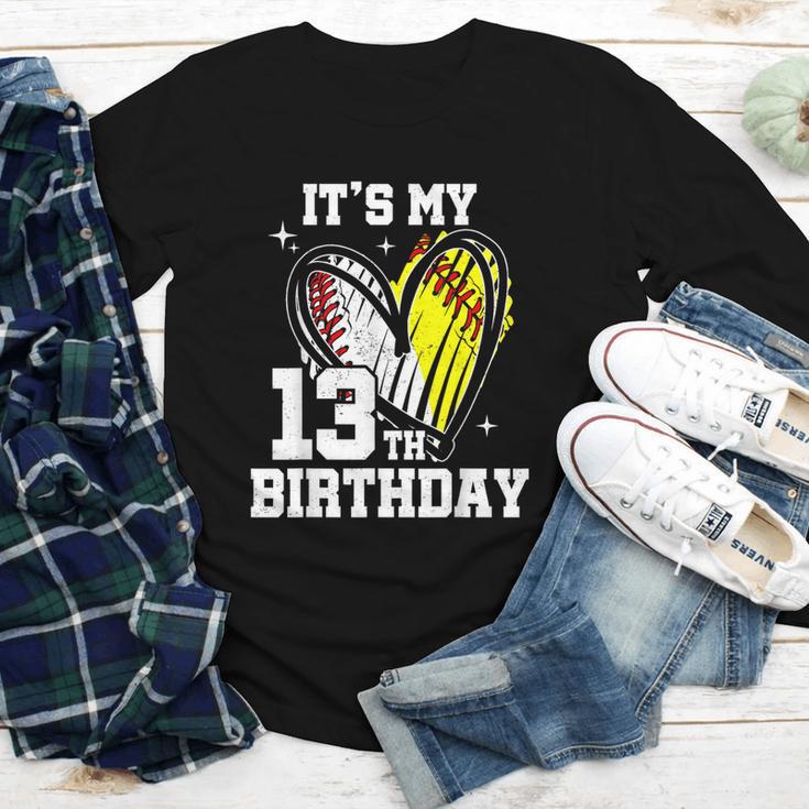 It's My 13th Birthday Baseball Softball Heart 13 Year Old Youth Long Sleeve Tee