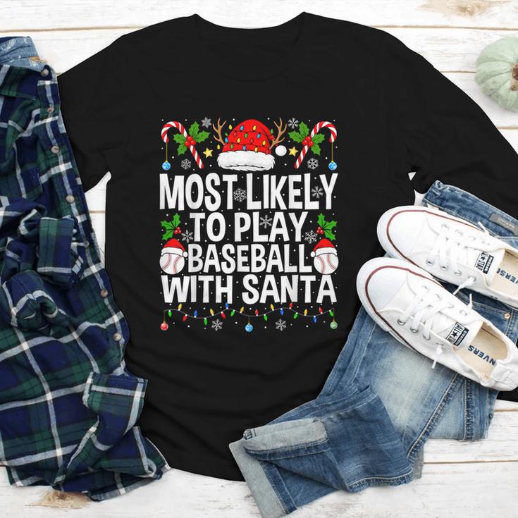 Most Likely To Play Baseball With Santa Christmas Baseball Youth Long Sleeve Tee Most Likely To Play Baseball With Santa Christmas Baseball Youth Long Sleeve Tee