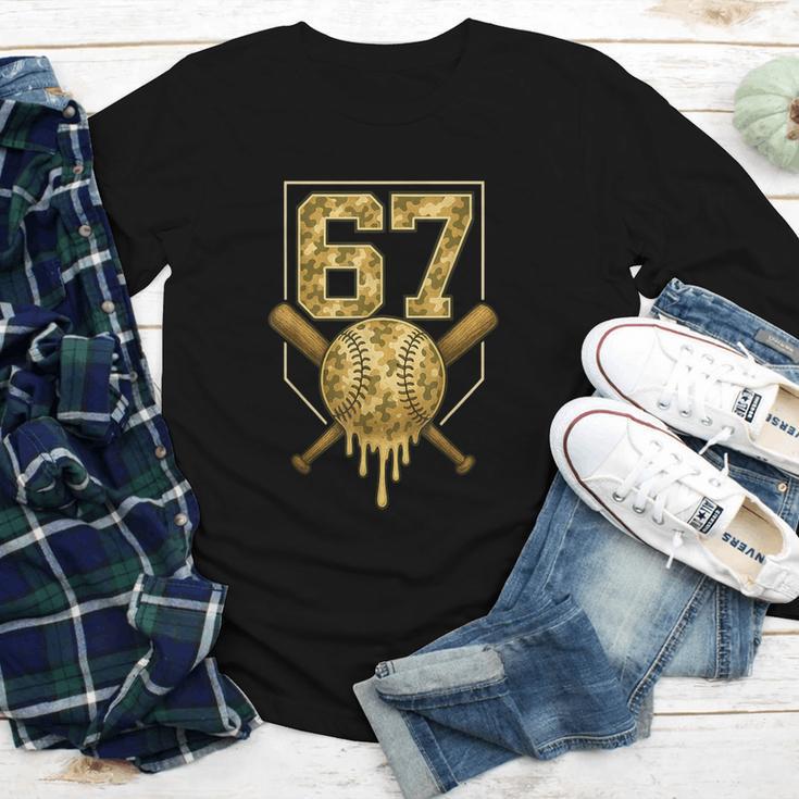 Number 67 Baseball Drip Camo Six Seven Meme Boys Kids Youth Long Sleeve Tee