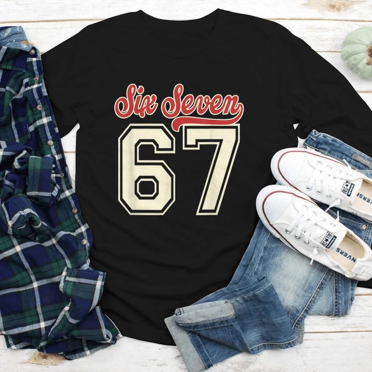 Number 67 Meme Six Seven Baseball Style Kids Boy Teen Youth Long Sleeve Tee Number 67 Meme Six Seven Baseball Style Kids Boy Teen Youth Long Sleeve Tee