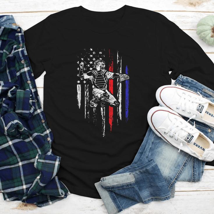 Patriotic Baseball Catcher American Flag Sports Tee Youth Long Sleeve Tee