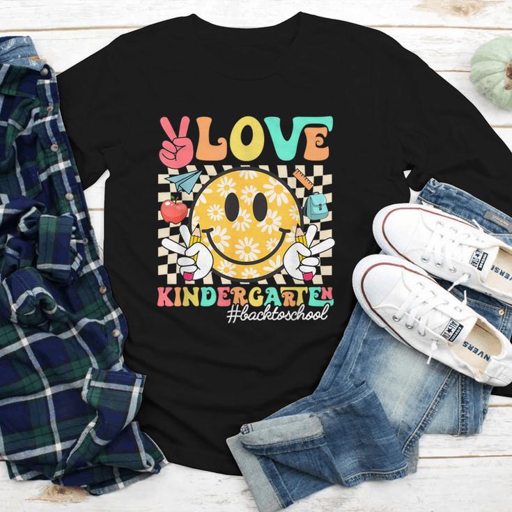 Peace Love Kindergarten Smile Face Back To School Girls Kids Youth Long Sleeve Tee Peace Love Kindergarten Smile Face Back To School Girls Kids Youth Long Sleeve Tee